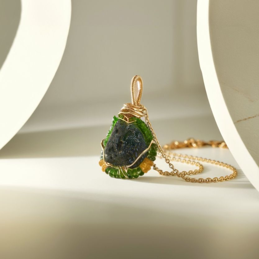 Moldavite with Green and Orange Garnet Necklace